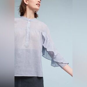Anthropologie Maeve Ruffle Sheer Pin Stripe Blue and White Blouse